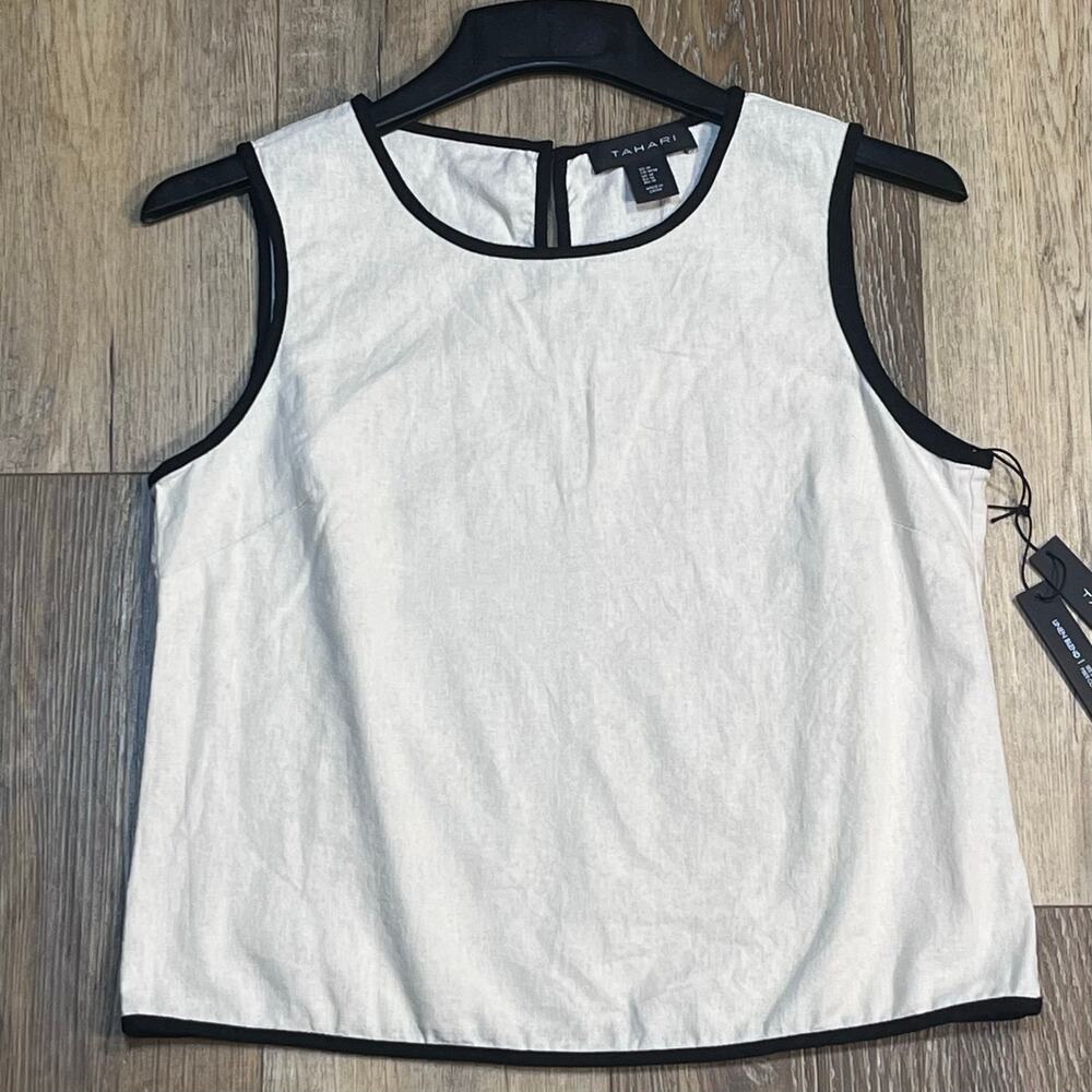 NWT TAHARI Lightweight Linen Lined Collar Tank Top M Beige Key Hole Back Classic